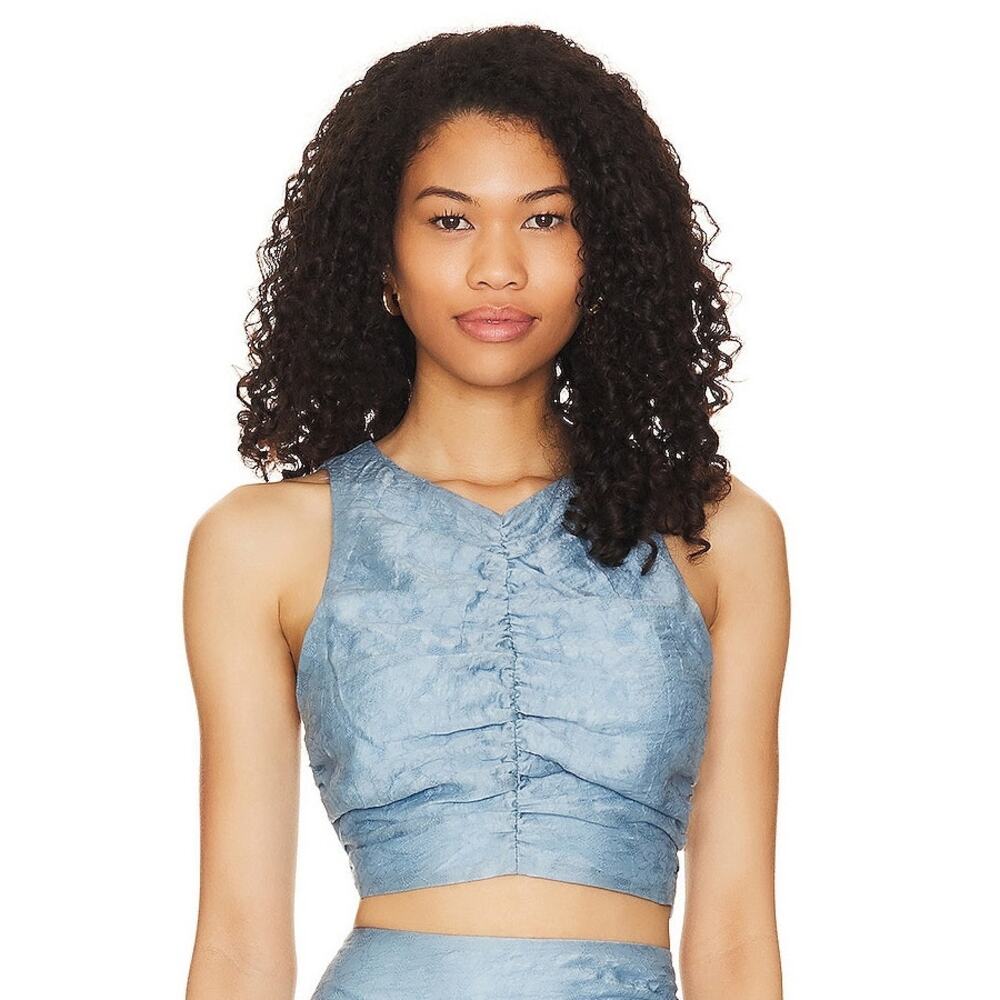 Tularosa Amy Top Blue Jacquard Crop Sleeveless Tank Blouse Sz L